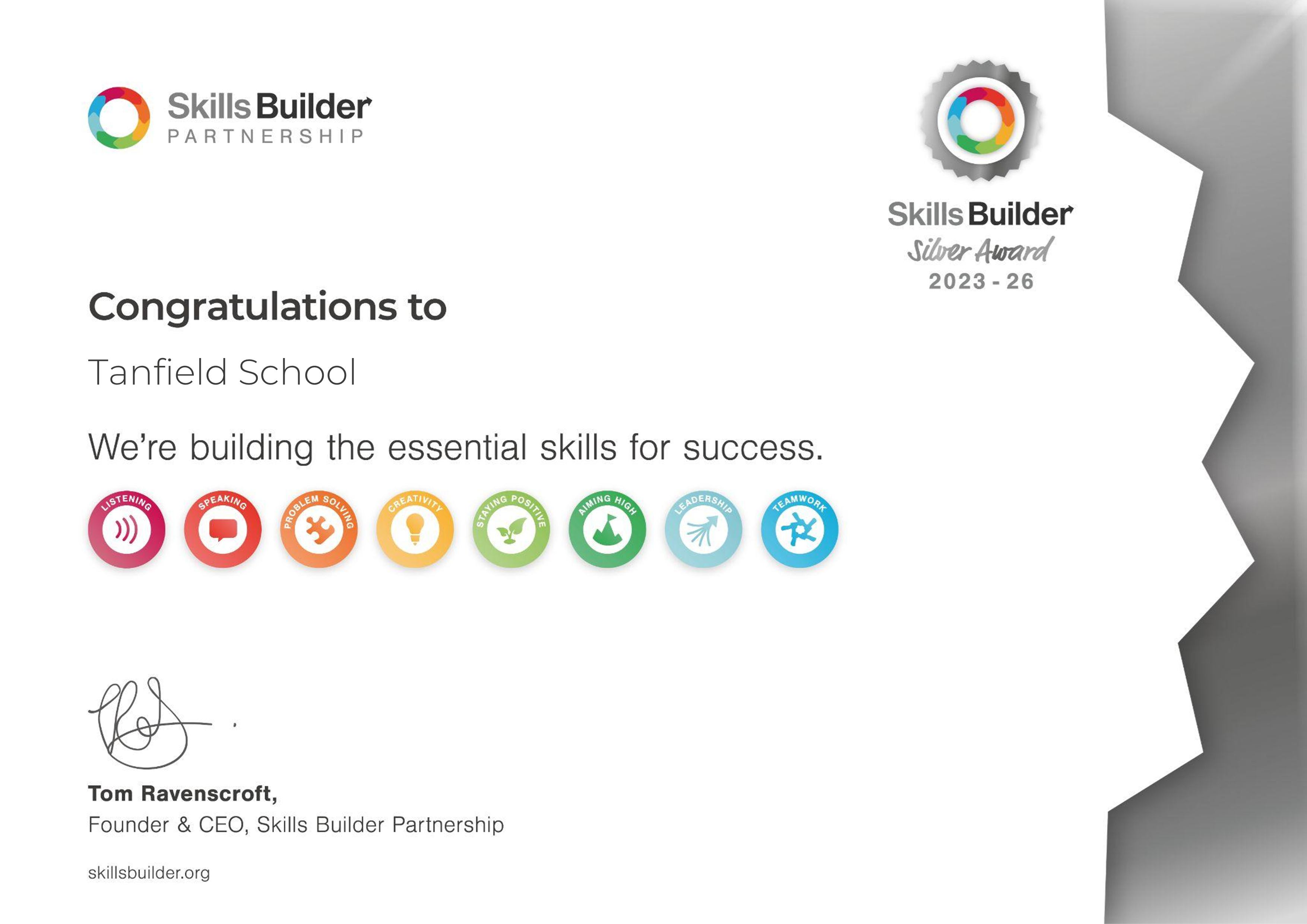 Skills Builder Silver Award to Tanfield School